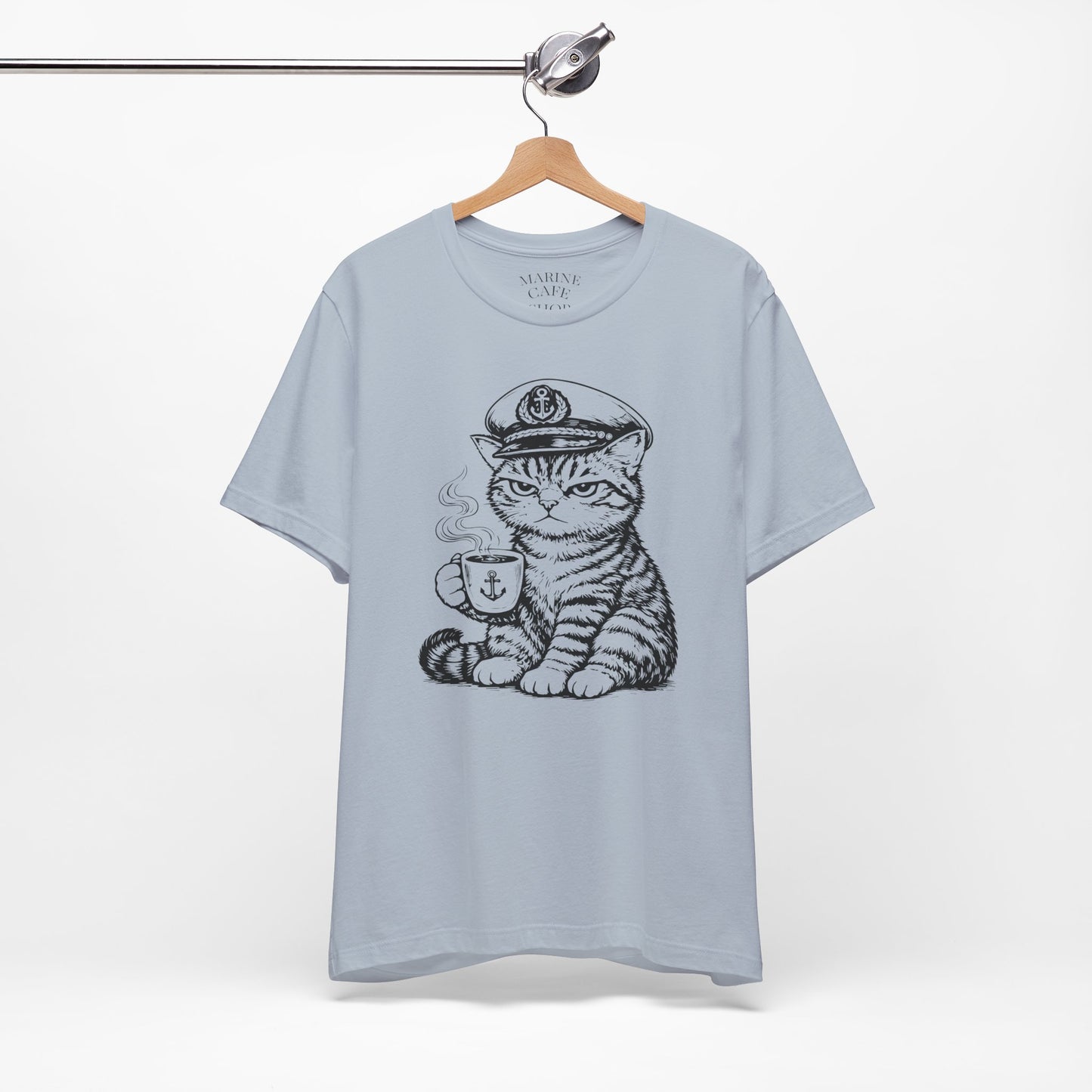 Nautical Cat T-Shirt with Coffee Mug and Captain Hat