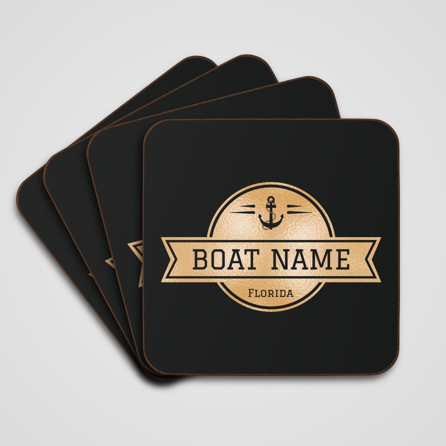 Boat Name Coaster - Set of 4 (Black & Gold)
