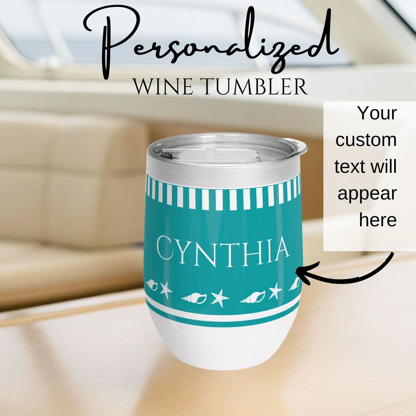 Personalized Seashell Wine Tumbler - Aqua Stainless Steel 12oz
