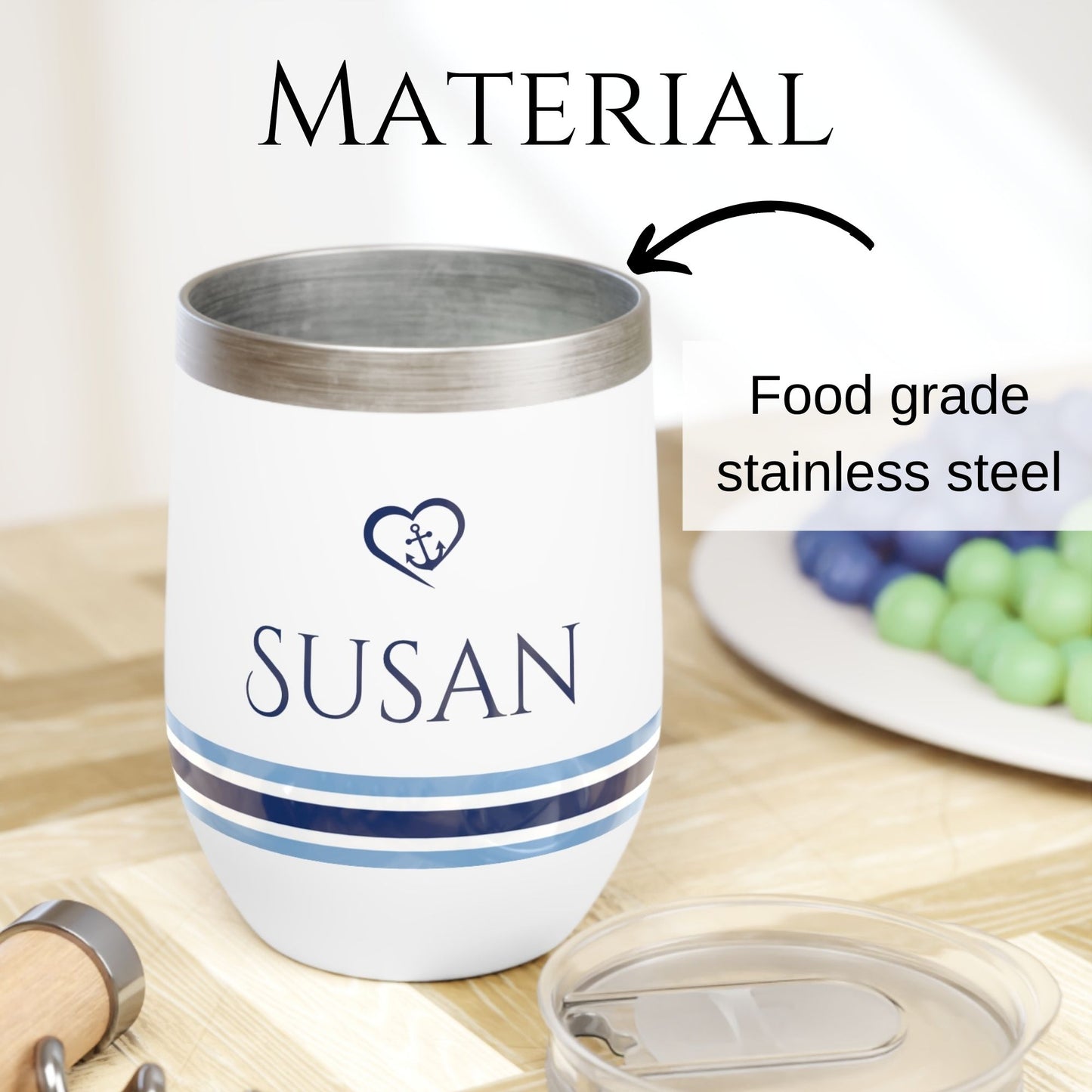 Personalized Nautical Wine Tumbler - Anchor & Heart Stainless Steel 12oz