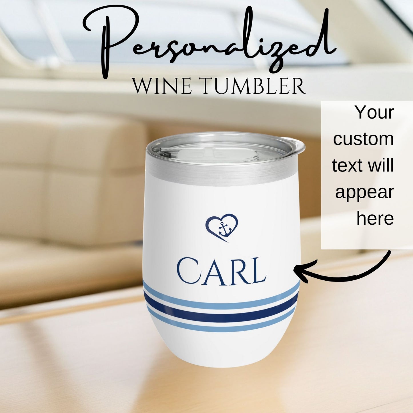 Personalized Nautical Wine Tumbler - Anchor & Heart Stainless Steel 12oz