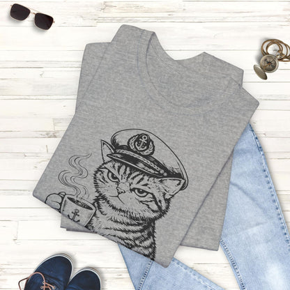 Nautical Cat T-Shirt with Coffee Mug and Captain Hat