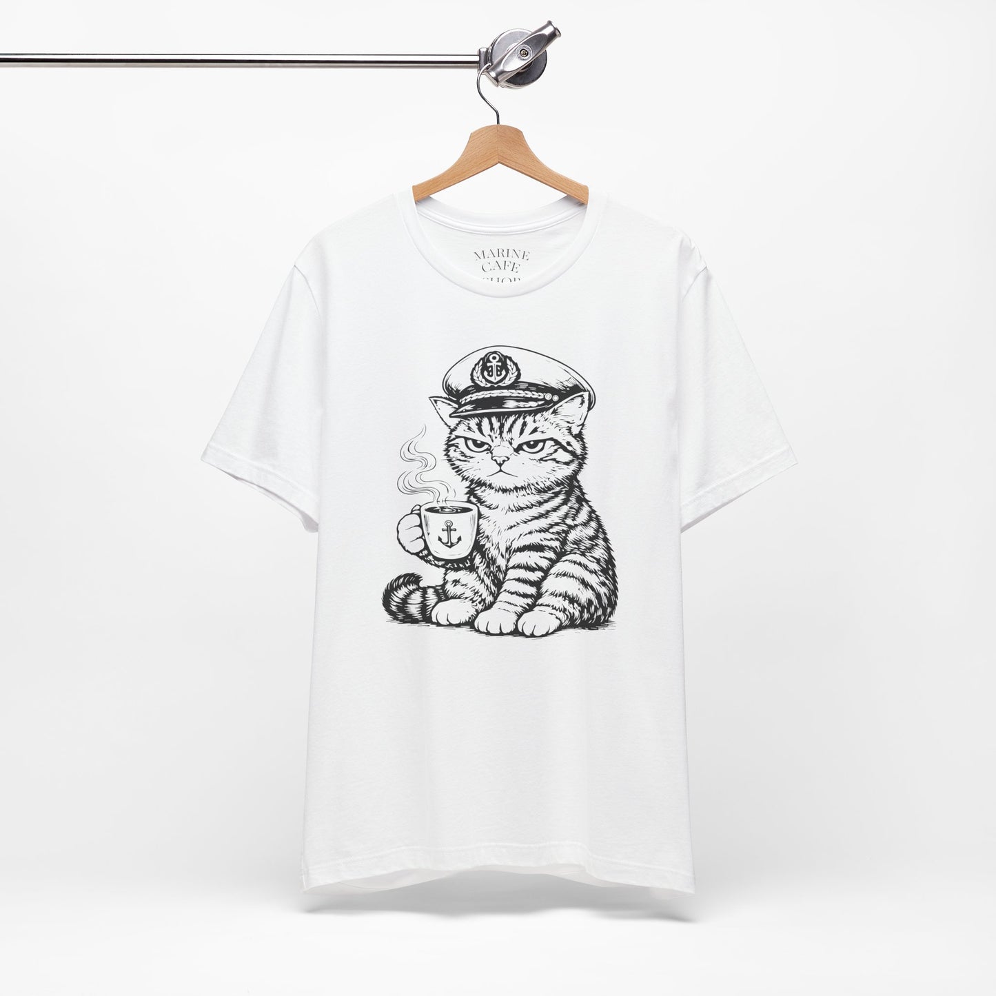 Nautical Cat T-Shirt with Coffee Mug and Captain Hat