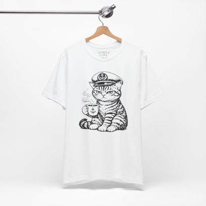 Nautical Cat T-Shirt with Coffee Mug and Captain Hat