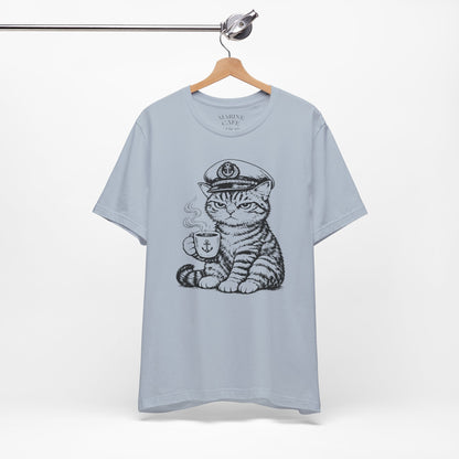 Nautical Cat T-Shirt with Coffee Mug and Captain Hat