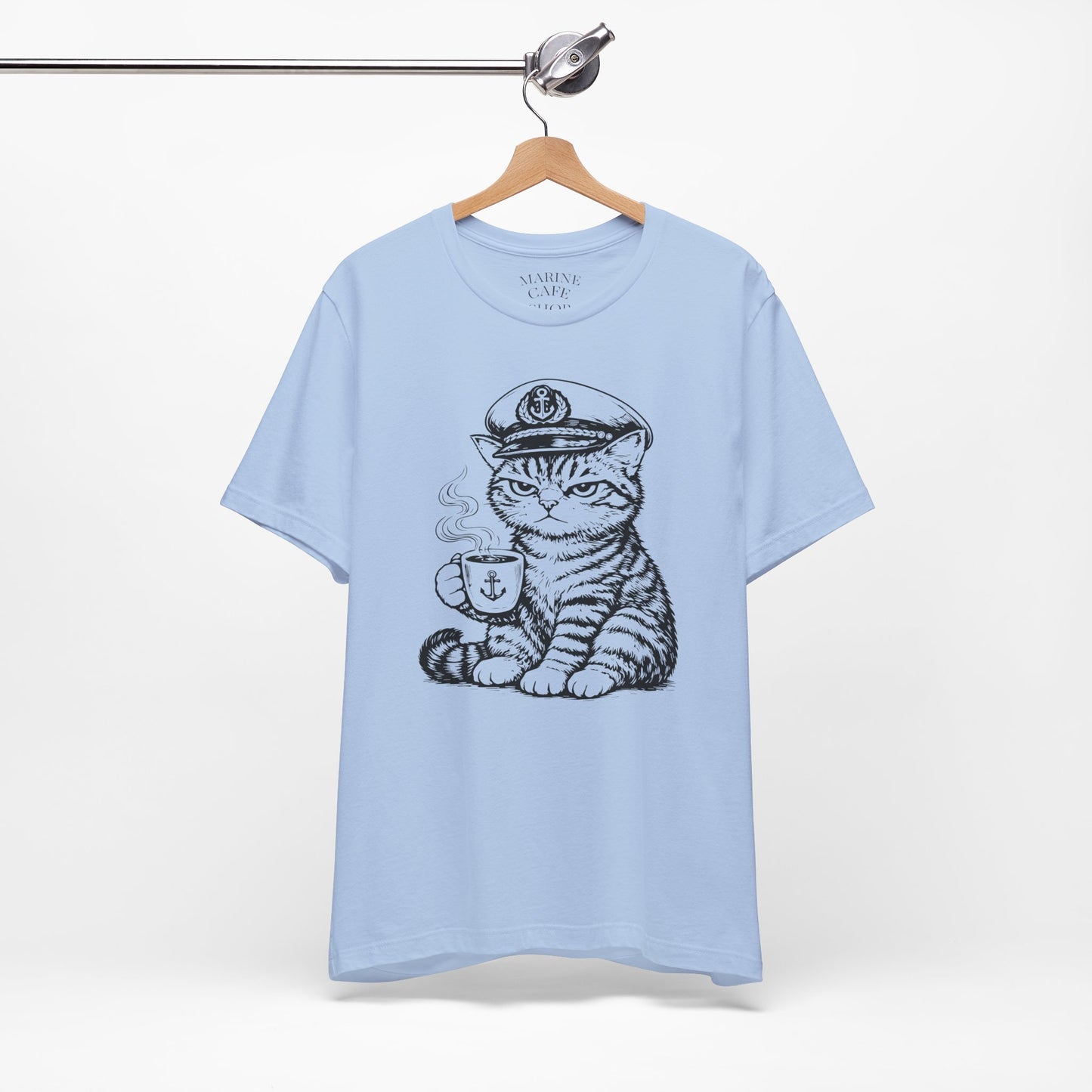 Nautical Cat T-Shirt with Coffee Mug and Captain Hat