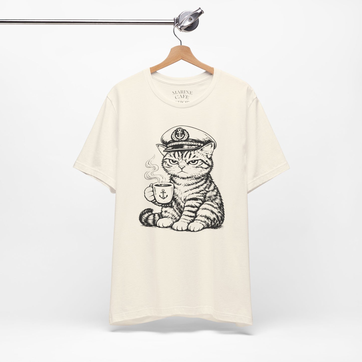 Nautical Cat T-Shirt with Coffee Mug and Captain Hat