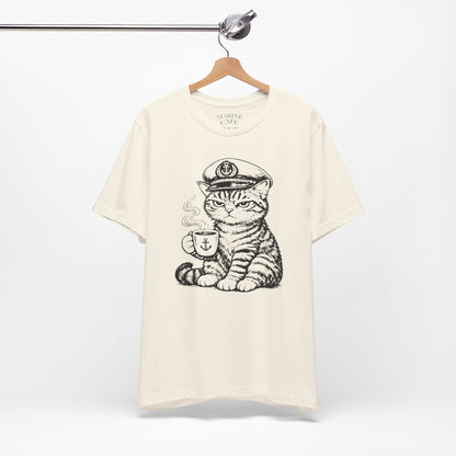 Nautical Cat T-Shirt with Coffee Mug and Captain Hat