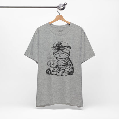 Nautical Cat T-Shirt with Coffee Mug and Captain Hat