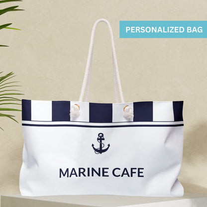 White Nautical Weekender Bag with Navy Blue Stripes and Anchor