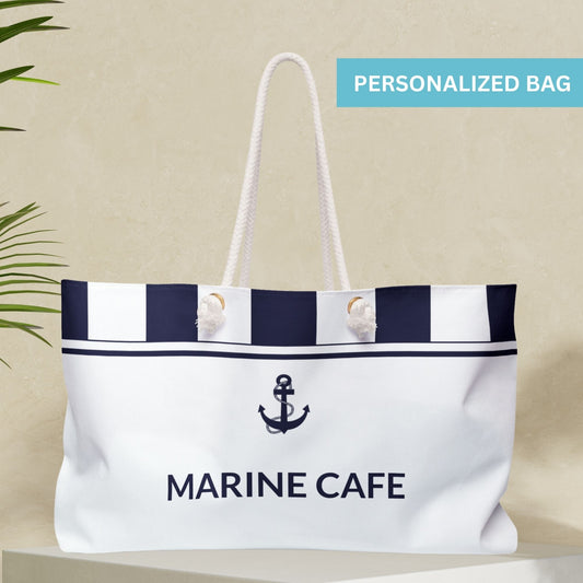 White Nautical Weekender Bag with Navy Blue Stripes and Anchor