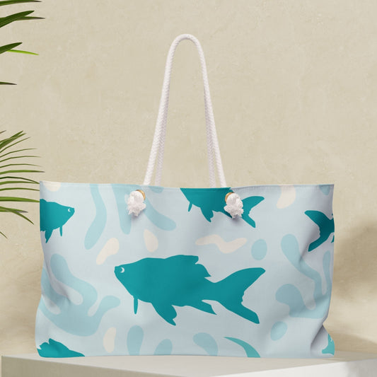 Light Blue Coastal Weekender Bag with Fish and Coral Print