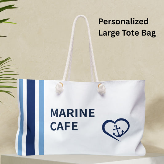 Personalized Nautical Bag White Blue Stripes and Heart Anchor