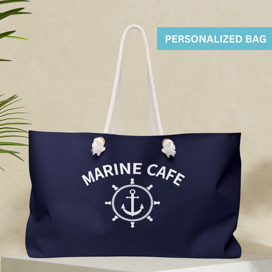 Navy Blue Nautical Weekender Bag with Ship Wheel and Anchor