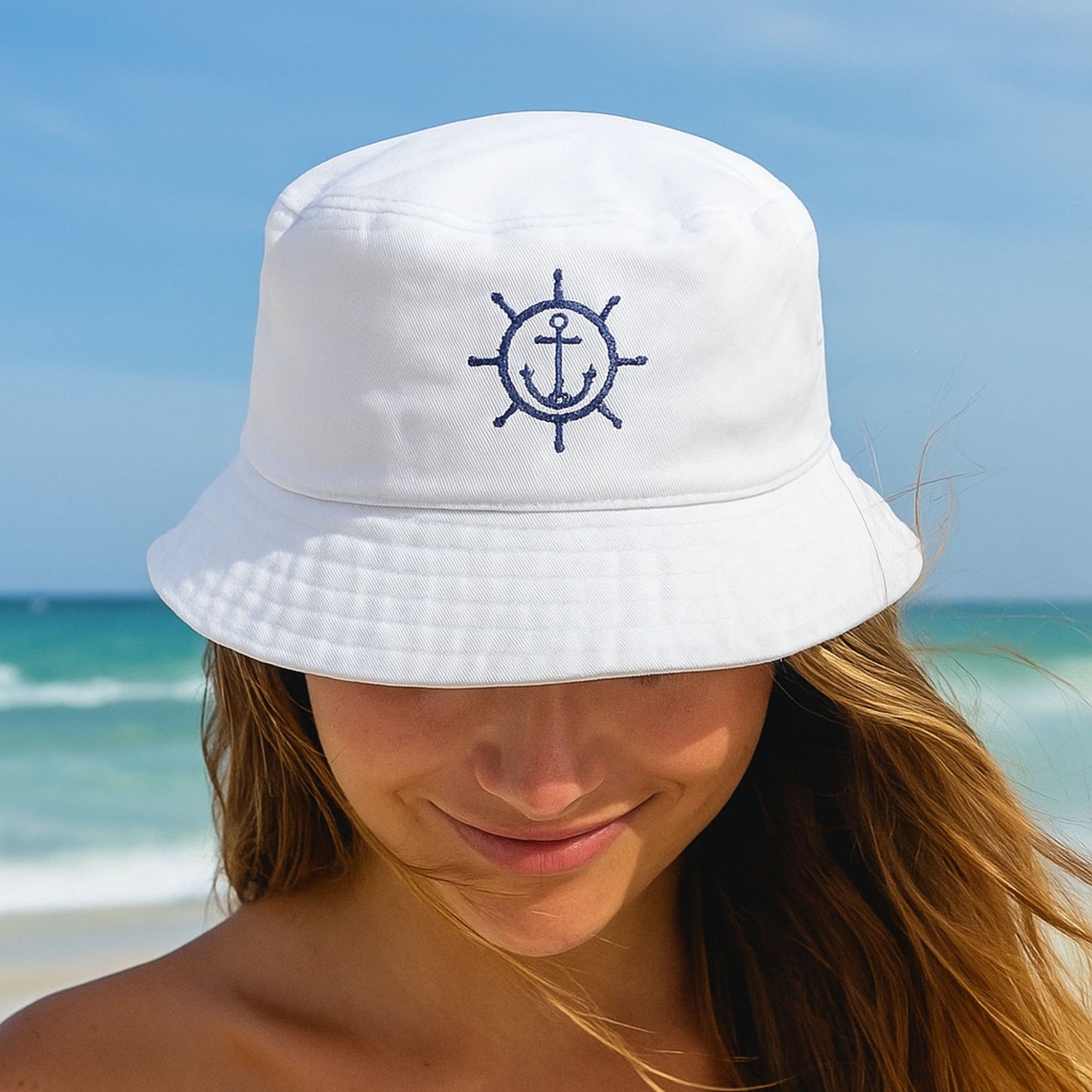 Embroidered Anchor Ship Wheel Bucket Hat
