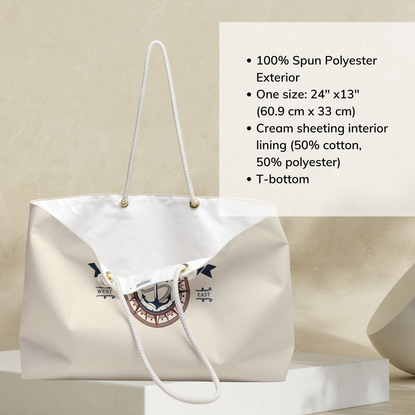 Personalized Beige Nautical Weekender Bag with Anchor & Compass