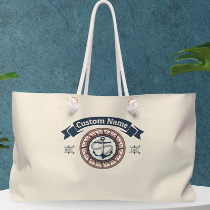 Personalized Beige Nautical Weekender Bag with Anchor & Compass