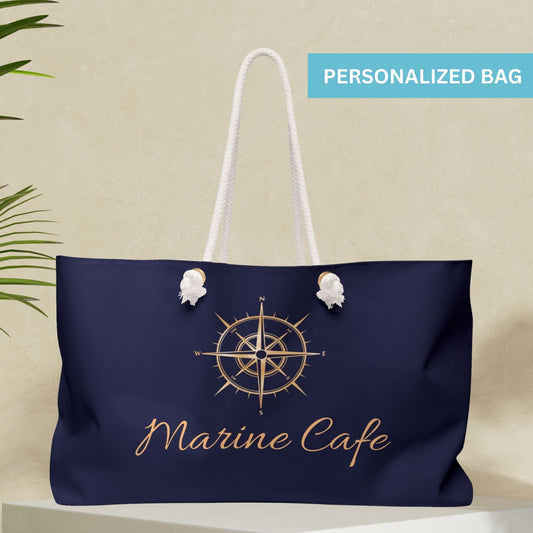 Navy Blue Nautical Weekender Bag – Personalized Sailing Tote with Compass Design