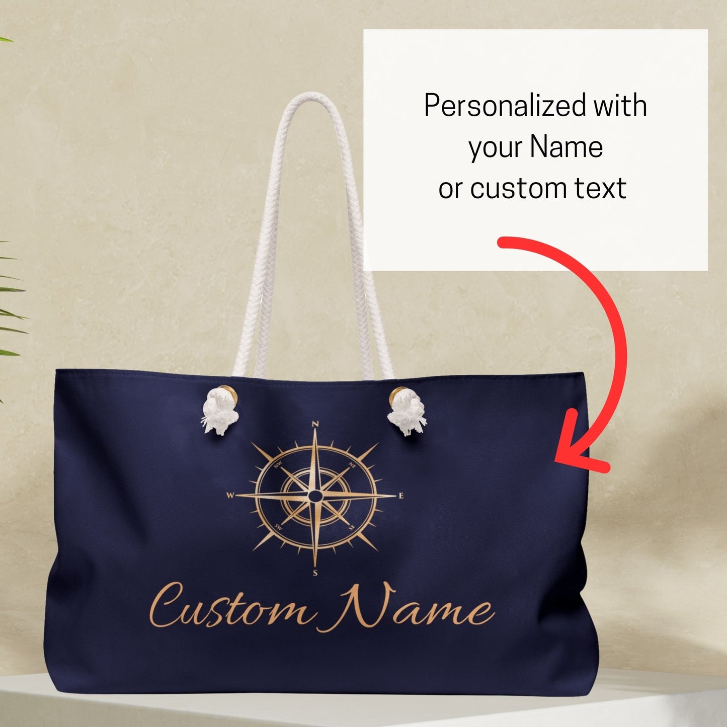 Navy Blue Nautical Weekender Bag – Personalized Sailing Tote with Compass Design