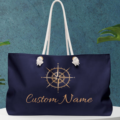 Navy Blue Nautical Weekender Bag – Personalized Sailing Tote with Compass Design
