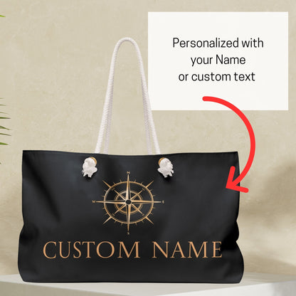 Black Nautical Weekender Bag with Gold Compass