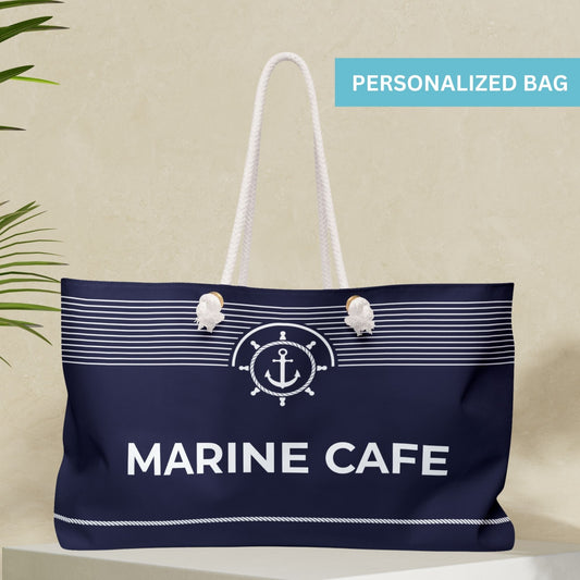 Navy Blue Nautical Weekender Bag with Ship Wheel Anchor and Stripes