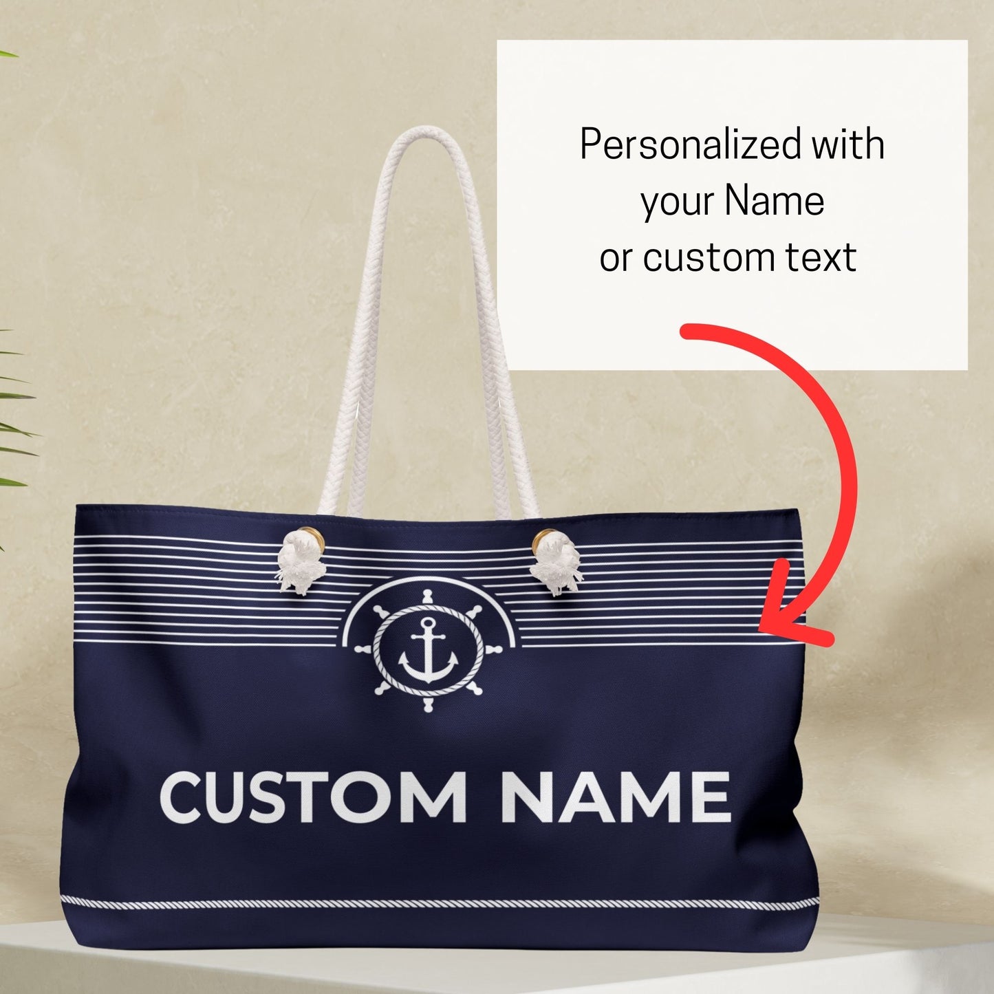 Navy Blue Nautical Weekender Bag with Ship Wheel Anchor and Stripes