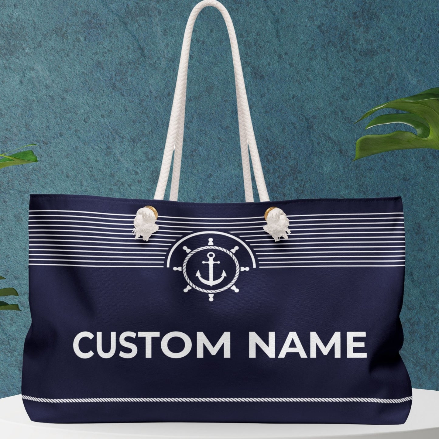 Navy Blue Nautical Weekender Bag with Ship Wheel Anchor and Stripes
