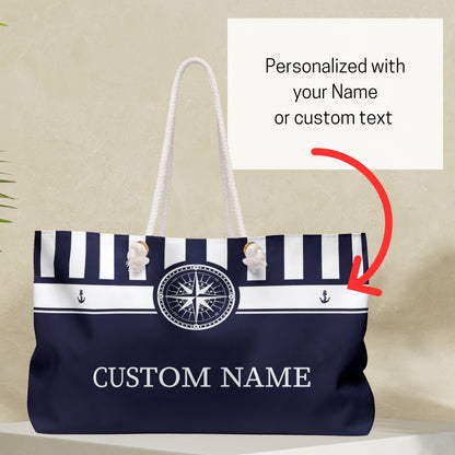 Navy Blue Nautical Weekender Bag with Stripes and Compass
