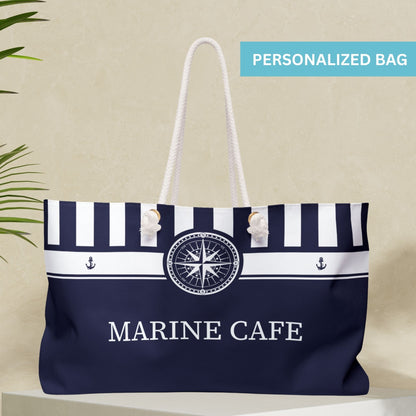 Navy Blue Nautical Weekender Bag with Stripes and Compass