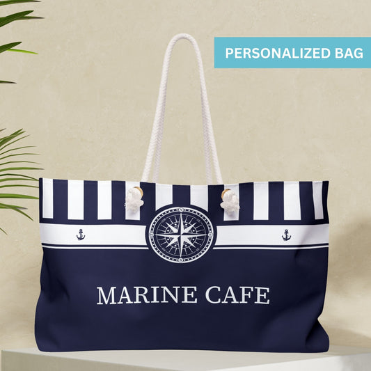Navy Blue Nautical Weekender Bag with Stripes and Compass
