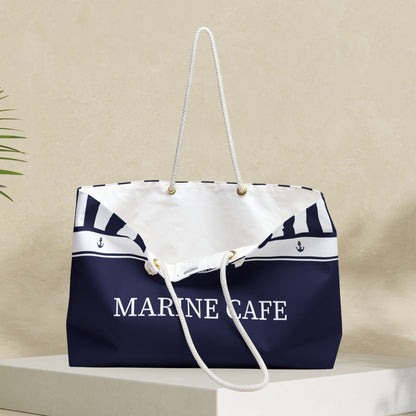 Navy Blue Nautical Weekender Bag with Stripes and Compass