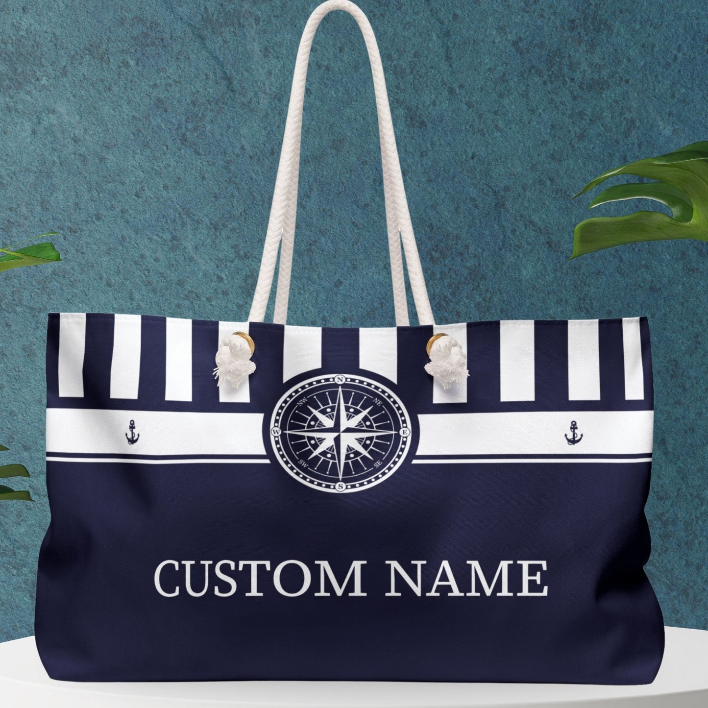 Navy Blue Nautical Weekender Bag with Stripes and Compass