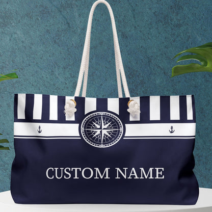 Navy Blue Nautical Weekender Bag with Stripes and Compass