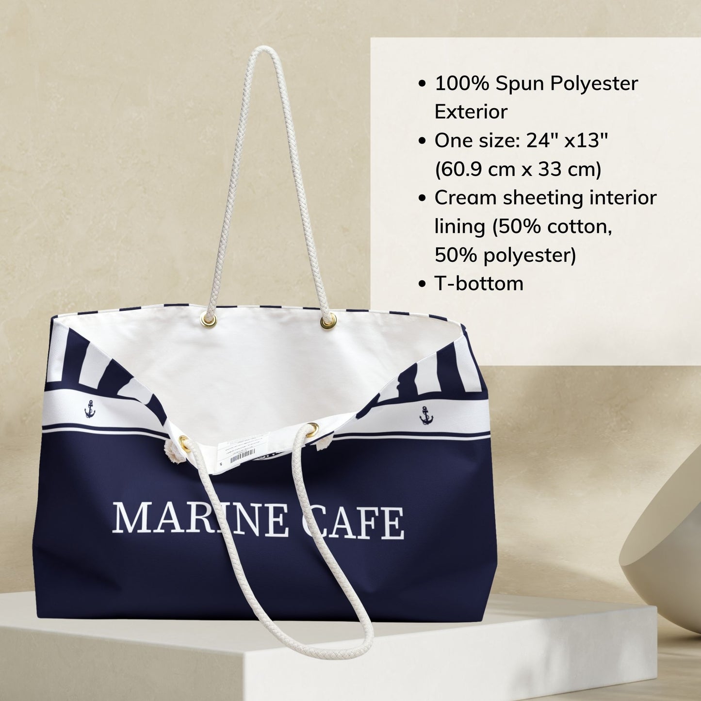 Navy Blue Nautical Weekender Bag with Stripes and Compass
