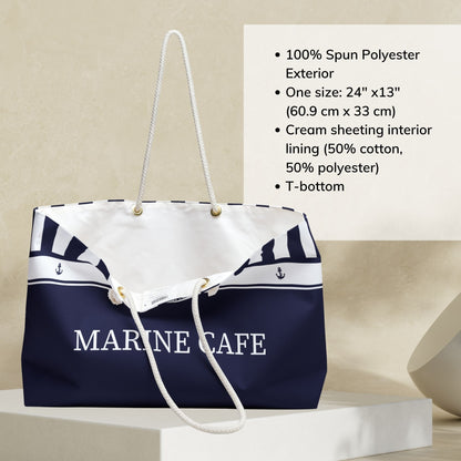 Navy Blue Nautical Weekender Bag with Stripes and Compass
