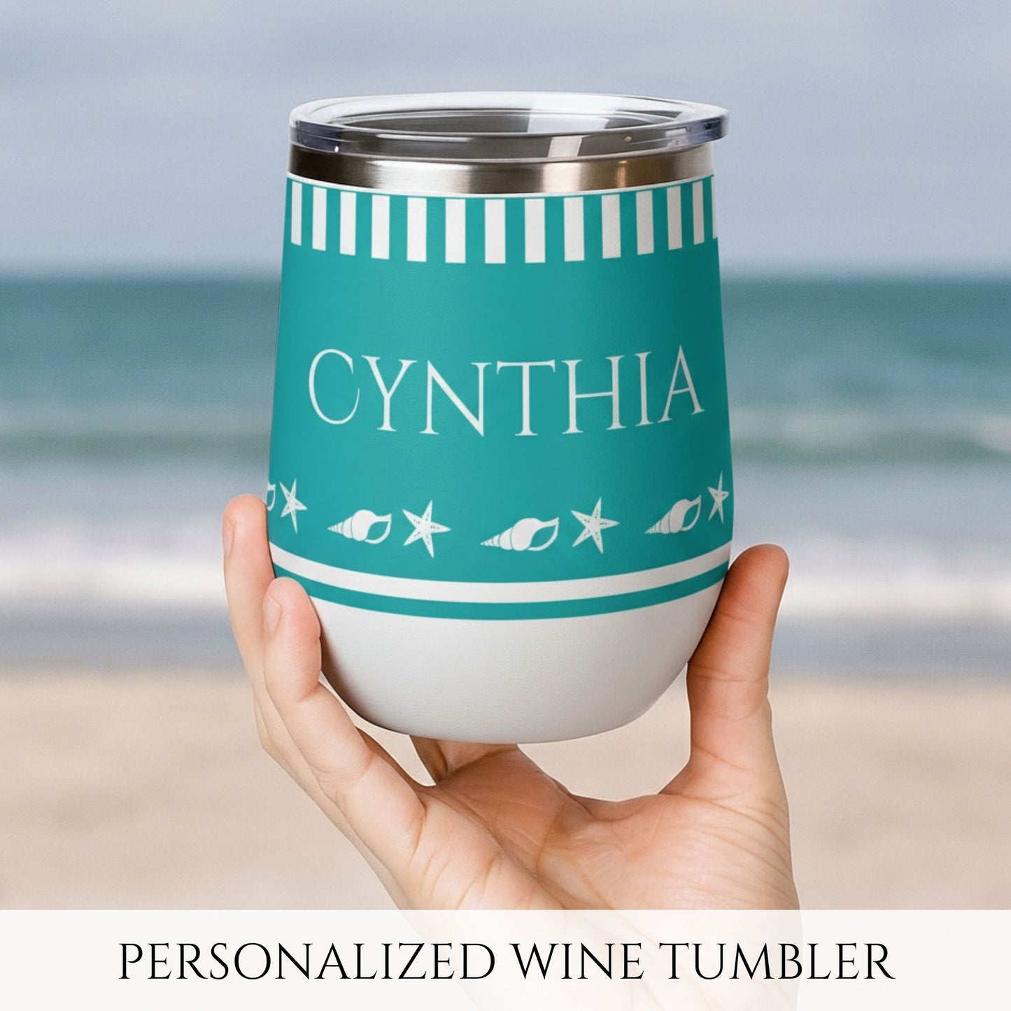 Personalized Seashell Wine Tumbler - Aqua Stainless Steel 12oz