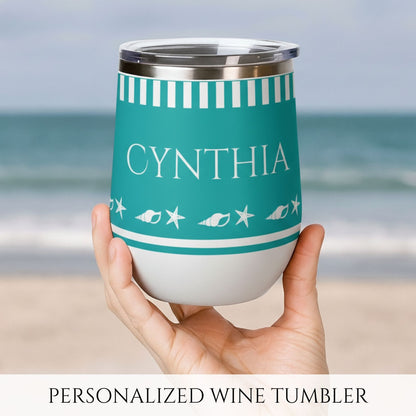 Personalized Seashell Wine Tumbler - Aqua Stainless Steel 12oz
