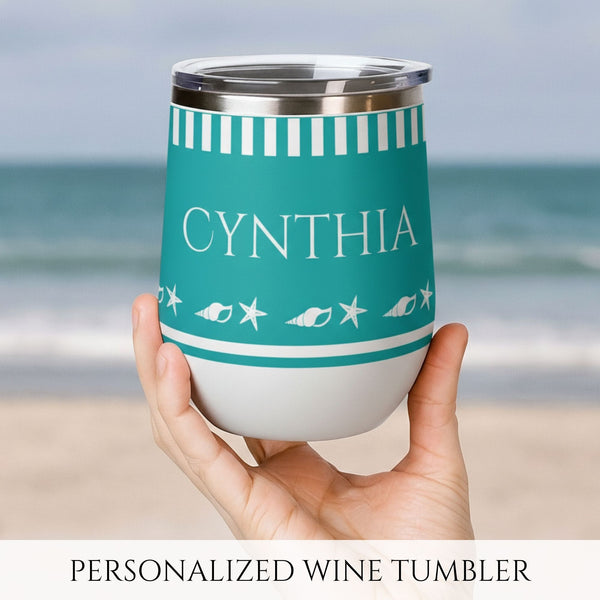 Personalized Seashell Wine Tumbler - Aqua Stainless Steel 12oz