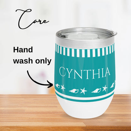 Personalized Seashell Wine Tumbler - Aqua Stainless Steel 12oz