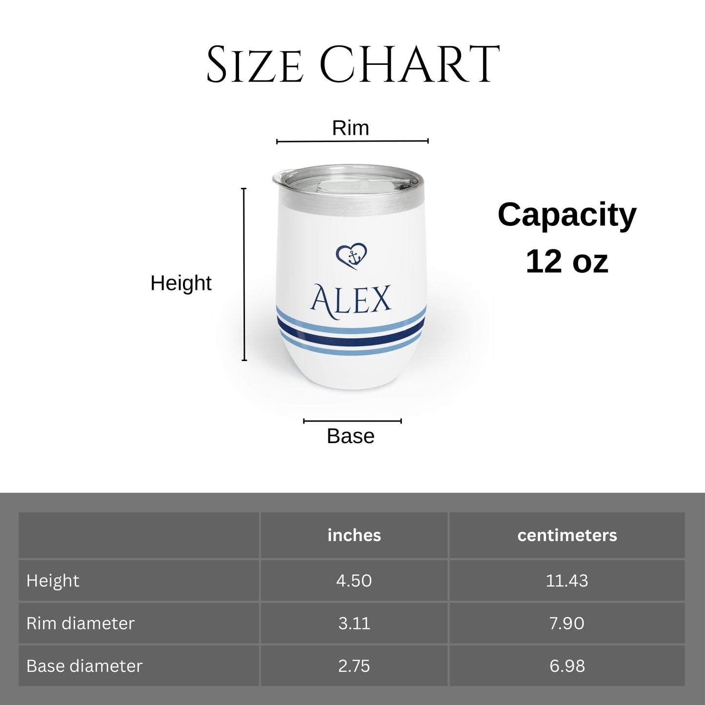 Personalized Nautical Wine Tumbler - Anchor & Heart Stainless Steel 12oz