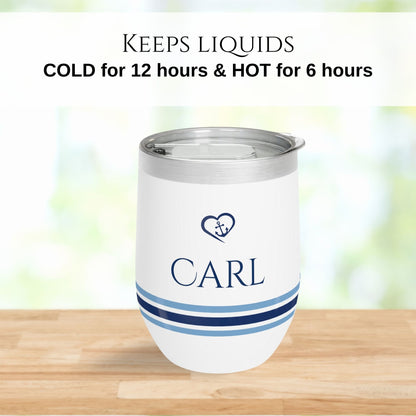 Personalized Nautical Wine Tumbler - Anchor & Heart Stainless Steel 12oz