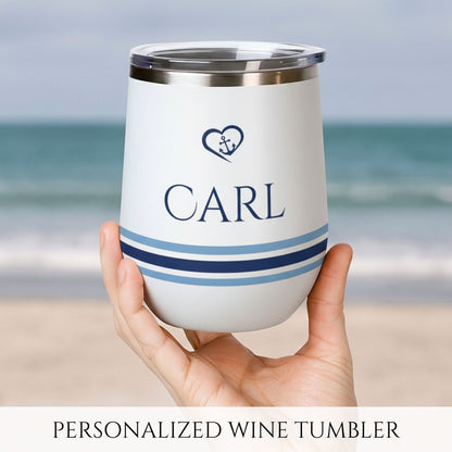 Personalized Nautical Wine Tumbler - Anchor & Heart Stainless Steel 12oz