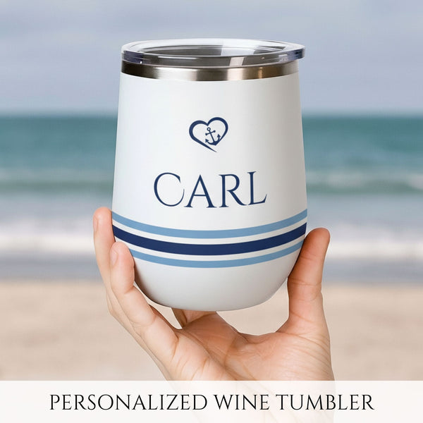 Personalized Nautical Wine Tumbler - Anchor & Heart Stainless Steel 12oz