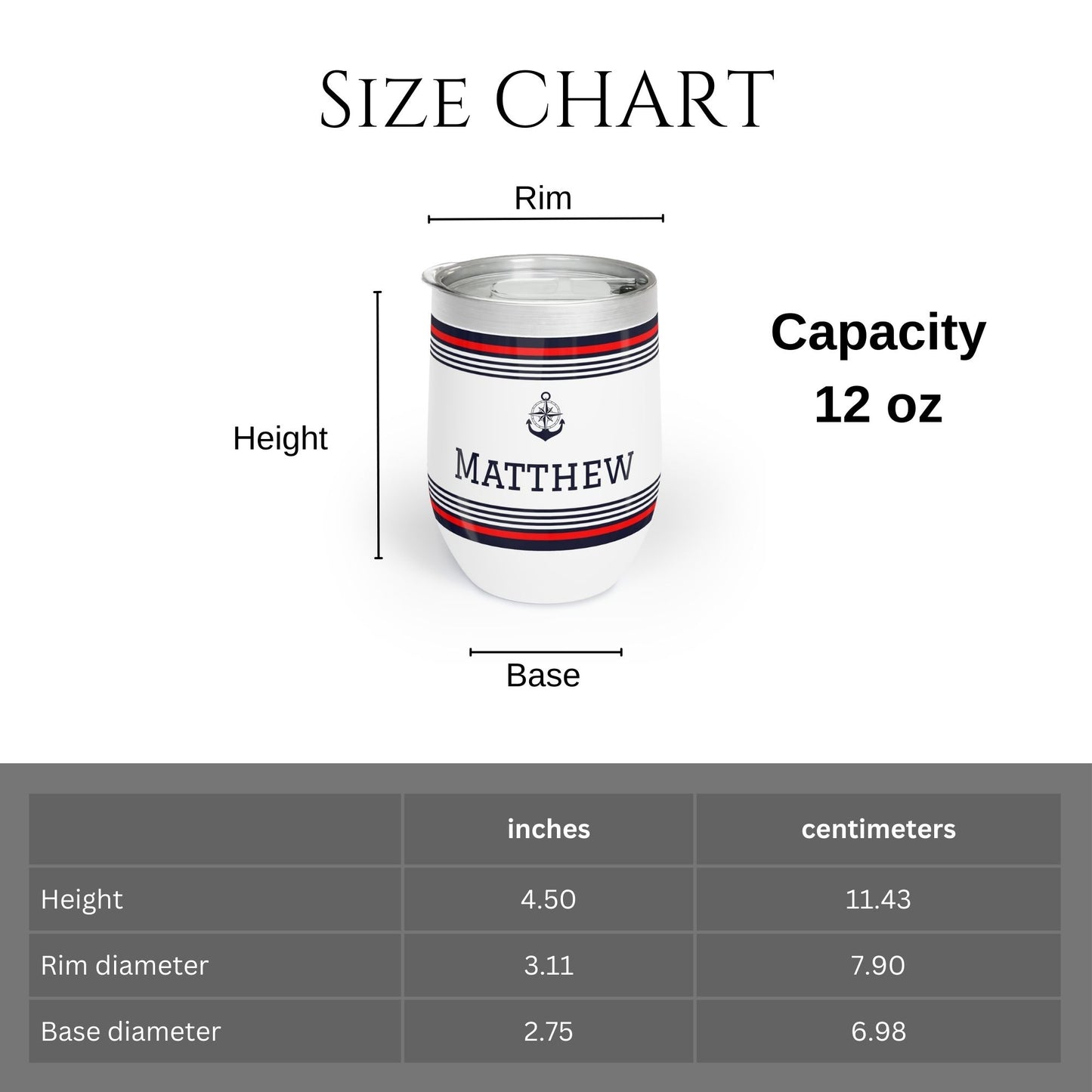 Personalized Nautical Wine Tumbler - Anchor & Compass Stainless Steel 12oz