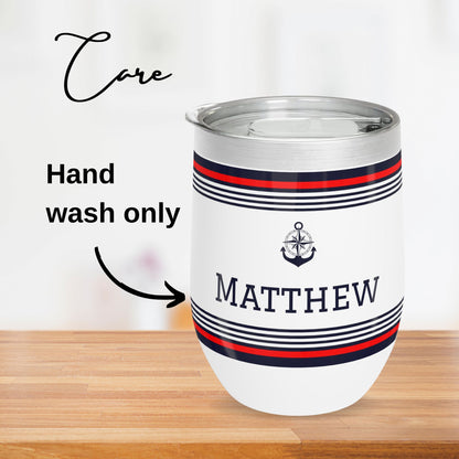 Personalized Nautical Wine Tumbler - Anchor & Compass Stainless Steel 12oz