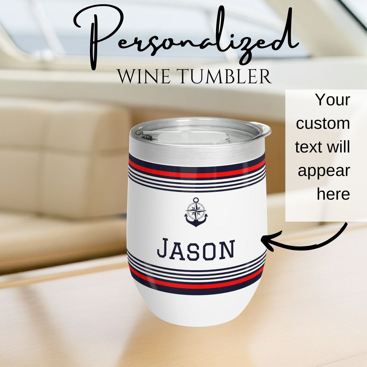 Personalized Nautical Wine Tumbler - Anchor & Compass Stainless Steel 12oz