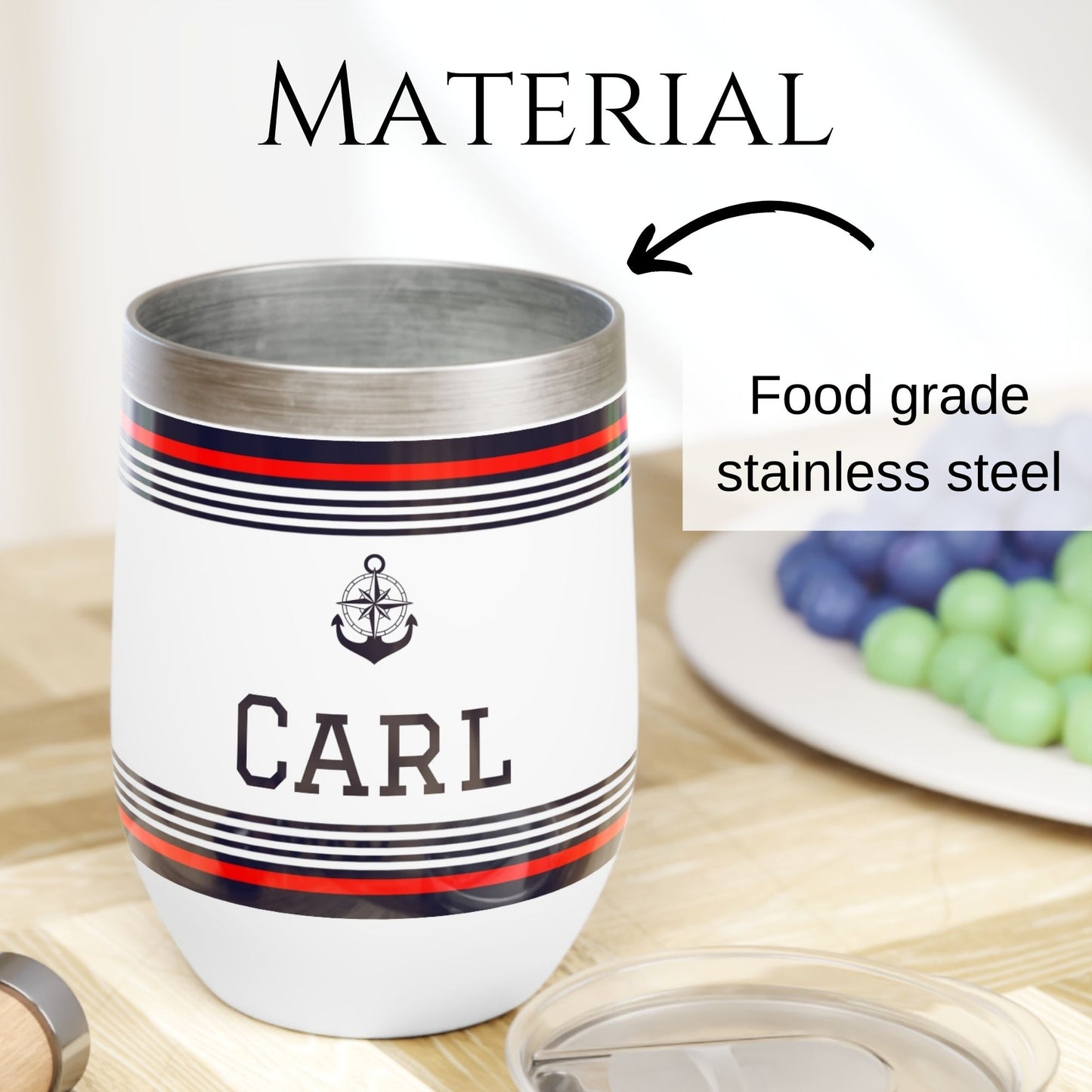 Personalized Nautical Wine Tumbler - Anchor & Compass Stainless Steel 12oz