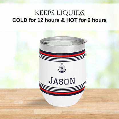 Personalized Nautical Wine Tumbler - Anchor & Compass Stainless Steel 12oz
