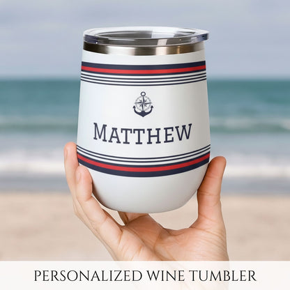Personalized Nautical Wine Tumbler - Anchor & Compass Stainless Steel 12oz